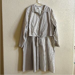 J. Jill Womens Plus 3X Shirt Dress Latte Brown White Stripe Cotton Tie Waist